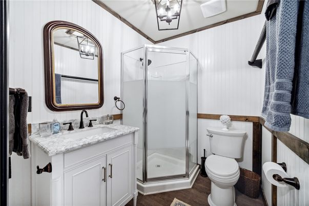Bathroom, Glass Shower, Interior, Wood Texture Flooring