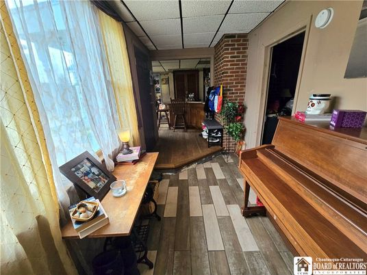 Home Office, Interior, Piano, Stone Walls, Wood Texture Flooring