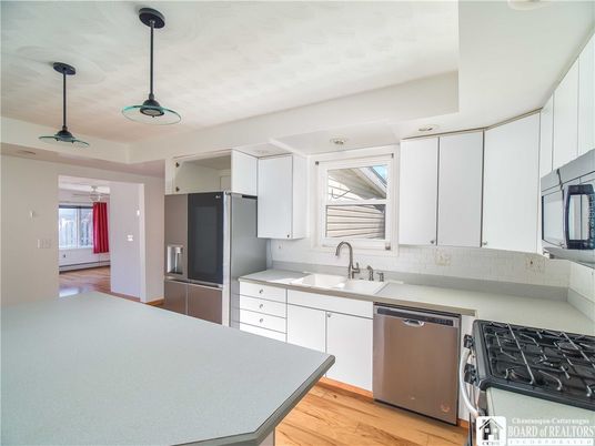 Interior, Kitchen, Pendant Lights, Stainless Steel Appliances, Wood Texture Flooring