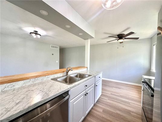 Interior, Kitchen, Recessed Lighting, Wood Texture Flooring