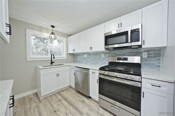 Interior, Kitchen, Pendant Lights, Stainless Steel Appliances, Wood Texture Flooring