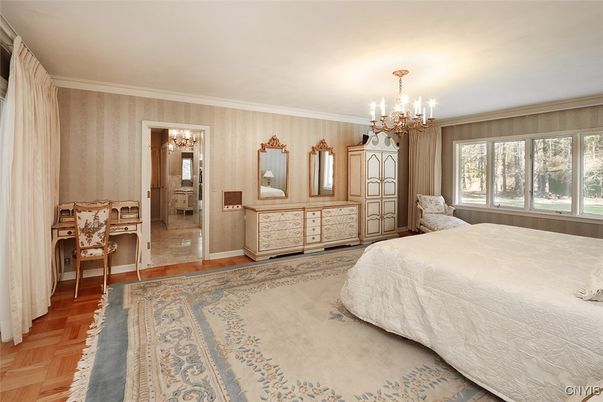 Bedroom, Chandelier, Interior, Wood Texture Flooring