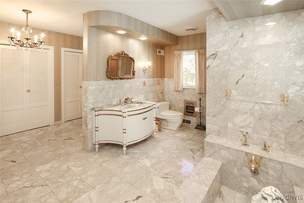 Bathroom, Chandelier, Interior, Marble Walls, Recessed Lighting