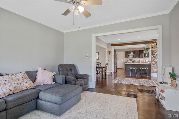 Dining room, Interior, Kitchen, Living room, Recessed Lighting, Stainless Steel Appliances, Wood Texture Flooring