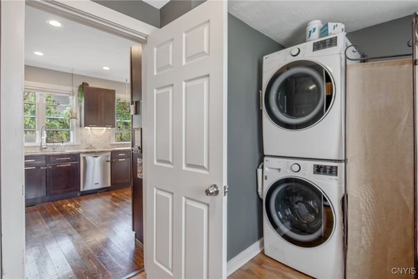 Interior, Kitchen, Recessed Lighting, Utility Closets, Washer, Wood Texture Flooring