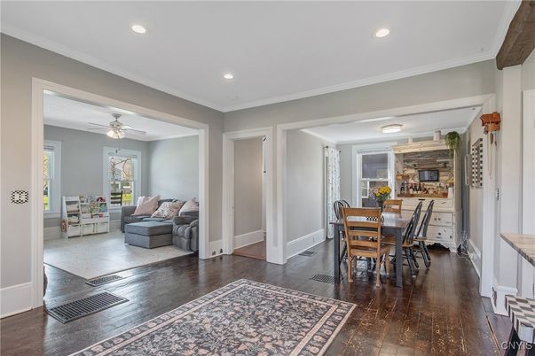 Dining room, Interior, Recessed Lighting, Wood Texture Flooring
