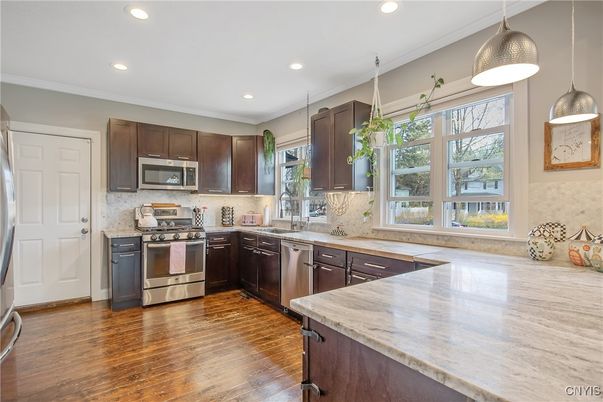 Interior, Kitchen, Pendant Lights, Recessed Lighting, Stainless Steel Appliances, Wood Texture Flooring
