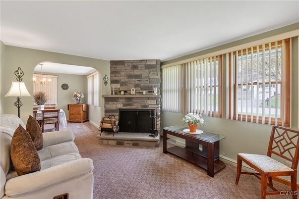 Dining room, Fireplace, Interior, Living room, Pendant Lights, Stone Walls