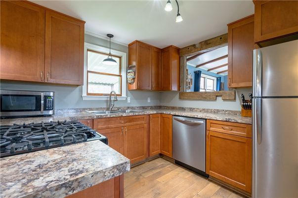 Interior, Kitchen, Pendant Lights, Stainless Steel Appliances, Wood Texture Flooring