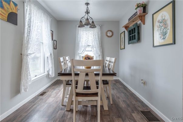 Dining room, Interior, Pendant Lights, Wood Texture Flooring
