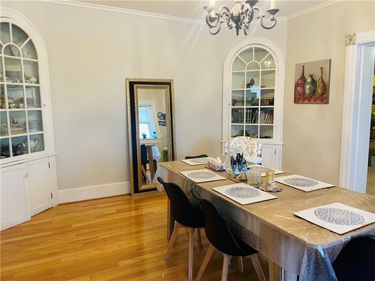 Chandelier, Dining room, Interior, Wood Texture Flooring
