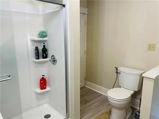 Bathroom, Glass Shower, Interior, Wood Texture Flooring