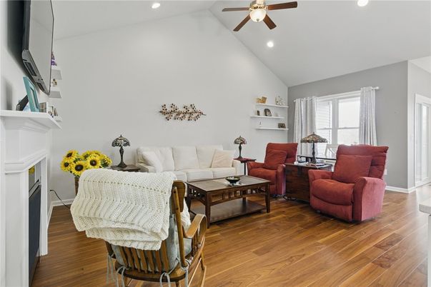 Fireplace, Interior, Living room, Recessed Lighting, Wood Texture Flooring