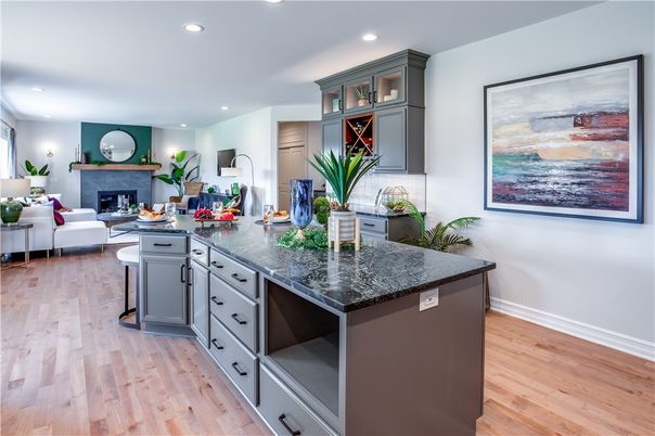Fireplace, Interior, Kitchen, Living room, Recessed Lighting, Wood Texture Flooring