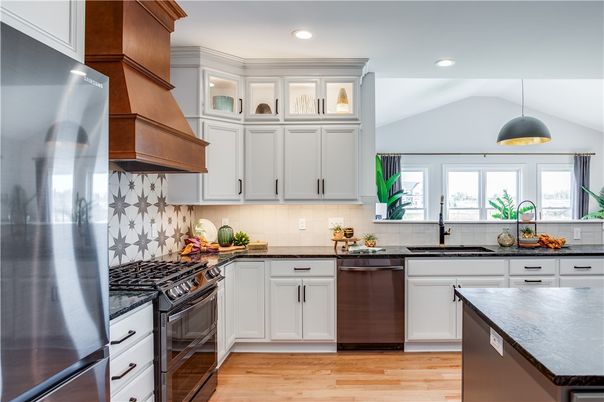 Interior, Kitchen, Pendant Lights, Recessed Lighting, Stainless Steel Appliances, Wood Texture Flooring