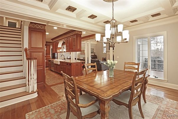 Chandelier, Dining room, Interior, Kitchen, Pendant Lights, Recessed Lighting, Wood Texture Flooring