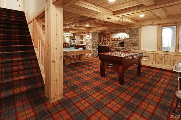 Billiard Table, Chandelier, Game Room, Interior, Recessed Lighting, Stone Walls, Wooden Beams, Wooden Ceilings