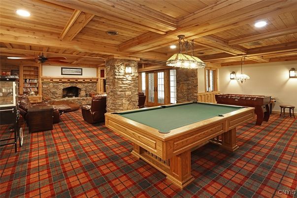 Billiard Table, Fireplace, Game Room, Interior, Pendant Lights, Recessed Lighting, Stone Walls, Wooden Beams, Wooden Ceilings