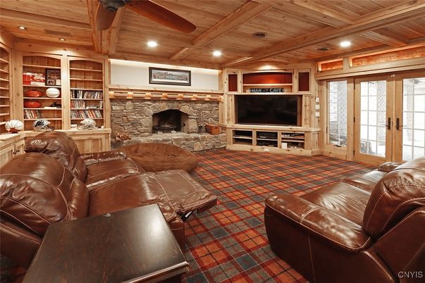 Fireplace, Interior, Living room, Recessed Lighting, Stone Walls, Wooden Beams, Wooden Ceilings