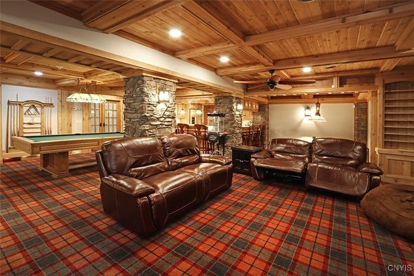 Billiard Table, Game Room, Interior, Pendant Lights, Recessed Lighting, Stone Walls, Wooden Beams, Wooden Ceilings
