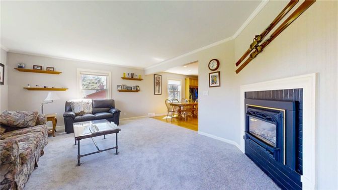 Dining room, Fireplace, Interior, Living room, Recessed Lighting, Wood Texture Flooring
