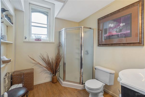 Bathroom, Glass Shower, Interior, Wood Texture Flooring
