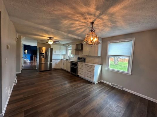 Chandelier, Interior, Kitchen, Stainless Steel Appliances, Wood Texture Flooring