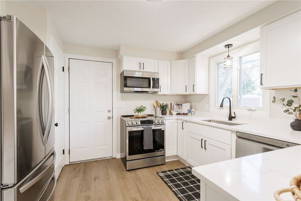 Interior, Kitchen, Pendant Lights, Stainless Steel Appliances, Wood Texture Flooring