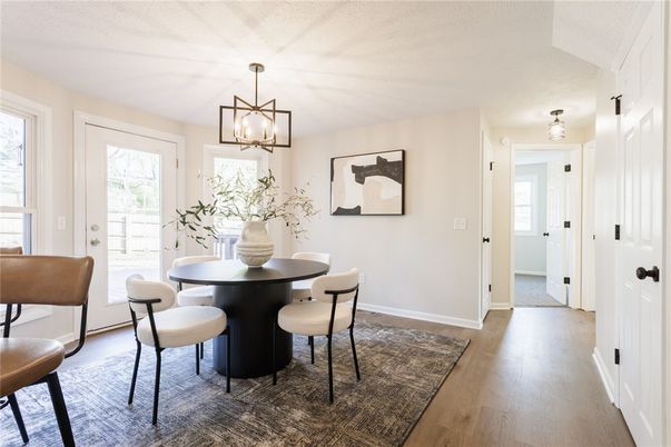 Dining room, Interior, Pendant Lights, Wood Texture Flooring