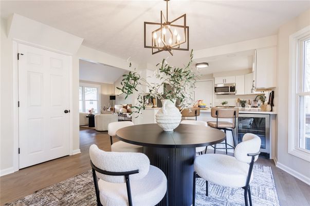 Dining room, Interior, Kitchen, Living room, Pendant Lights, Stainless Steel Appliances, Wood Texture Flooring