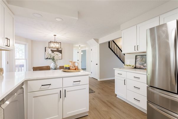 Interior, Kitchen, Pendant Lights, Stainless Steel Appliances, Wood Texture Flooring