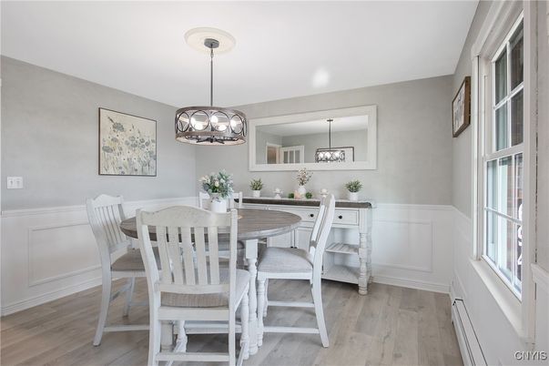 Dining room, Interior, Pendant Lights, Wood Texture Flooring