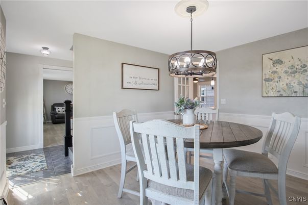 Dining room, Interior, Pendant Lights, Wood Texture Flooring