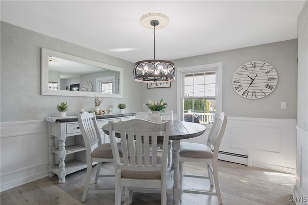 Dining room, Interior, Pendant Lights, Wood Texture Flooring