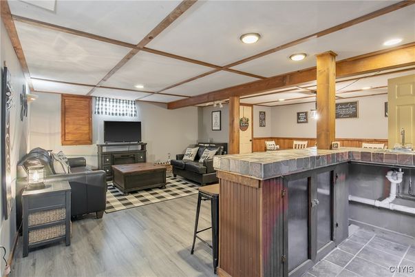 Fireplace, Interior, Living room, Recessed Lighting, Wooden Beams, Wood Texture Flooring