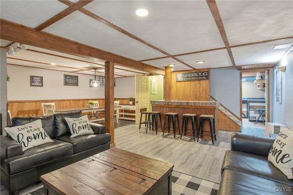 Interior, Living room, Recessed Lighting, Wooden Beams, Wood Texture Flooring