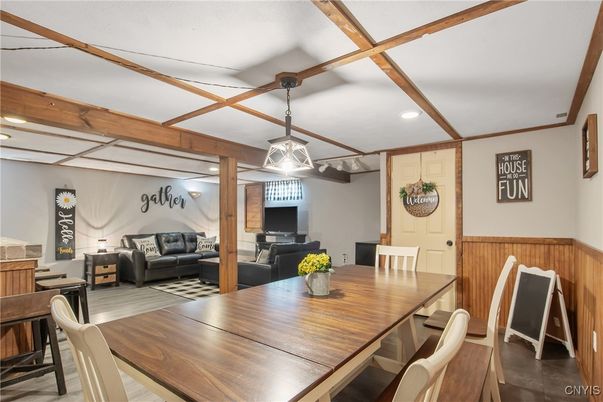 Dining room, Interior, Living room, Pendant Lights, Recessed Lighting, Wooden Beams, Wood Texture Flooring