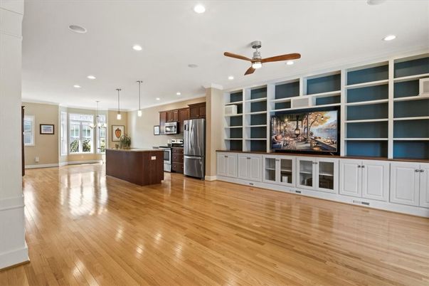 Interior, Kitchen, Pendant Lights, Recessed Lighting, Stainless Steel Appliances, Wood Texture Flooring