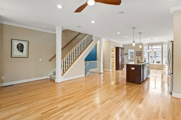 Chandelier, Interior, Kitchen, Pendant Lights, Recessed Lighting, Wood Texture Flooring