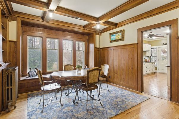 Dining room, Interior, Recessed Lighting, Wooden Beams, Wood Texture Flooring
