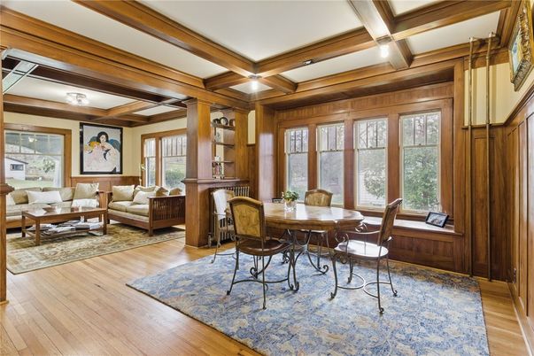 Dining room, Interior, Living room, Recessed Lighting, Wooden Beams, Wood Texture Flooring