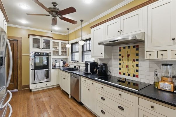 Interior, Kitchen, Pendant Lights, Recessed Lighting, Stainless Steel Appliances, Wood Texture Flooring