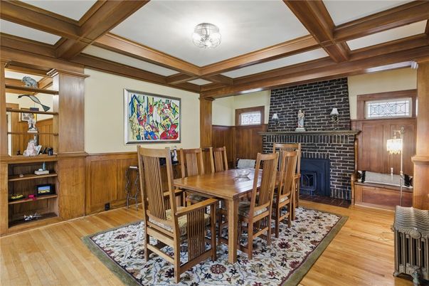 Dining room, Fireplace, Interior, Stone Walls, Wooden Beams, Wood Texture Flooring, Wooden Walls