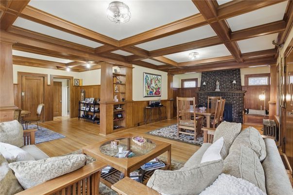 Dining room, Fireplace, Interior, Living room, Stone Walls, Wooden Beams, Wood Texture Flooring, Wooden Walls