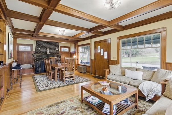 Dining room, Fireplace, Interior, Living room, Stone Walls, Wooden Beams, Wood Texture Flooring, Wooden Walls