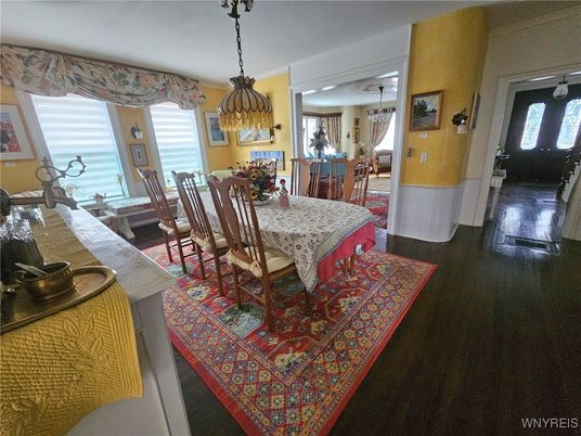 Dining room, Interior, Pendant Lights, Wood Texture Flooring