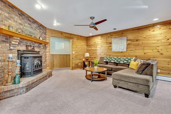 Fireplace, Interior, Living room, Recessed Lighting, Stone Walls, Wooden Walls