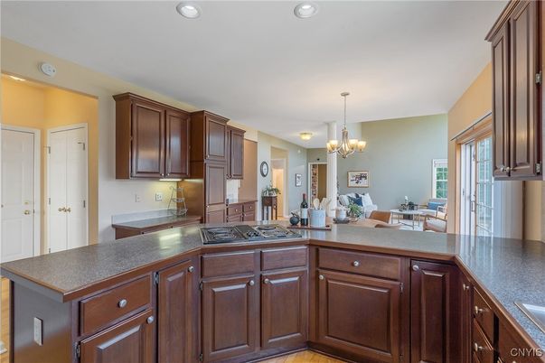 Chandelier, Dining room, Interior, Kitchen, Recessed Lighting, Wood Texture Flooring