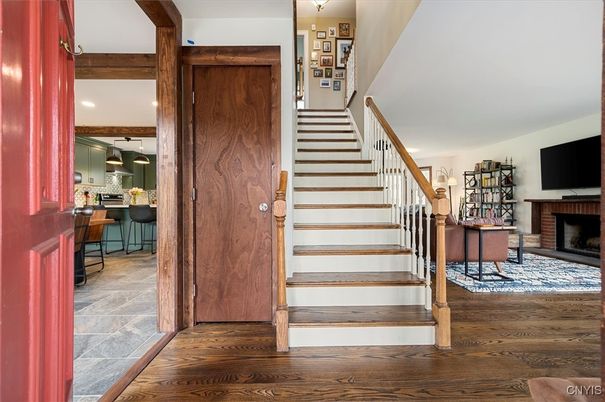 Fireplace, Interior, Pendant Lights, Recessed Lighting, Wood Texture Flooring