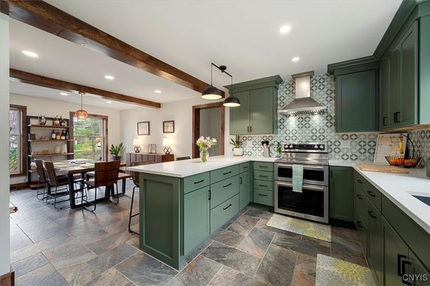 Dining room, Interior, Kitchen, Pendant Lights, Recessed Lighting, Stainless Steel Appliances, Wooden Beams